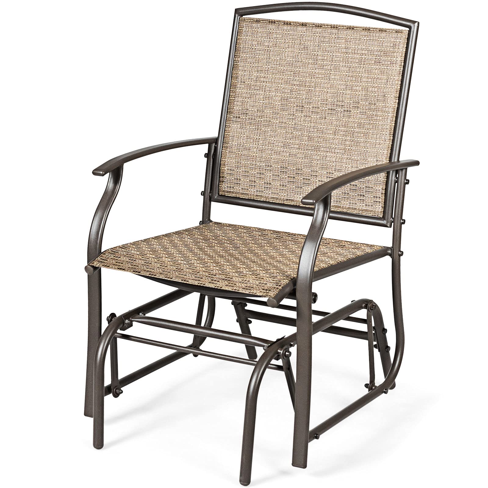GOPLUS Mecedora Jardín Exterior, Silla Ergonómica con Estructura de Metal, Respaldo Transpirable Teslin y Reposabrazos, para Terraza Patio Piscina, Carga 150 kg (1 Pieza)