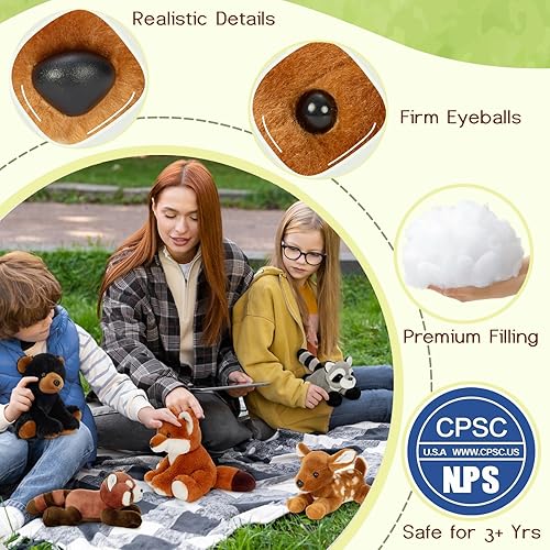 Miniatura 4 de MaoGoLan 6 piezas de animales de peluche suaves del bosque juguetes de peluche a granel para niñas y niños, 8'' oso pardo, ciervo, zorro, mapache,