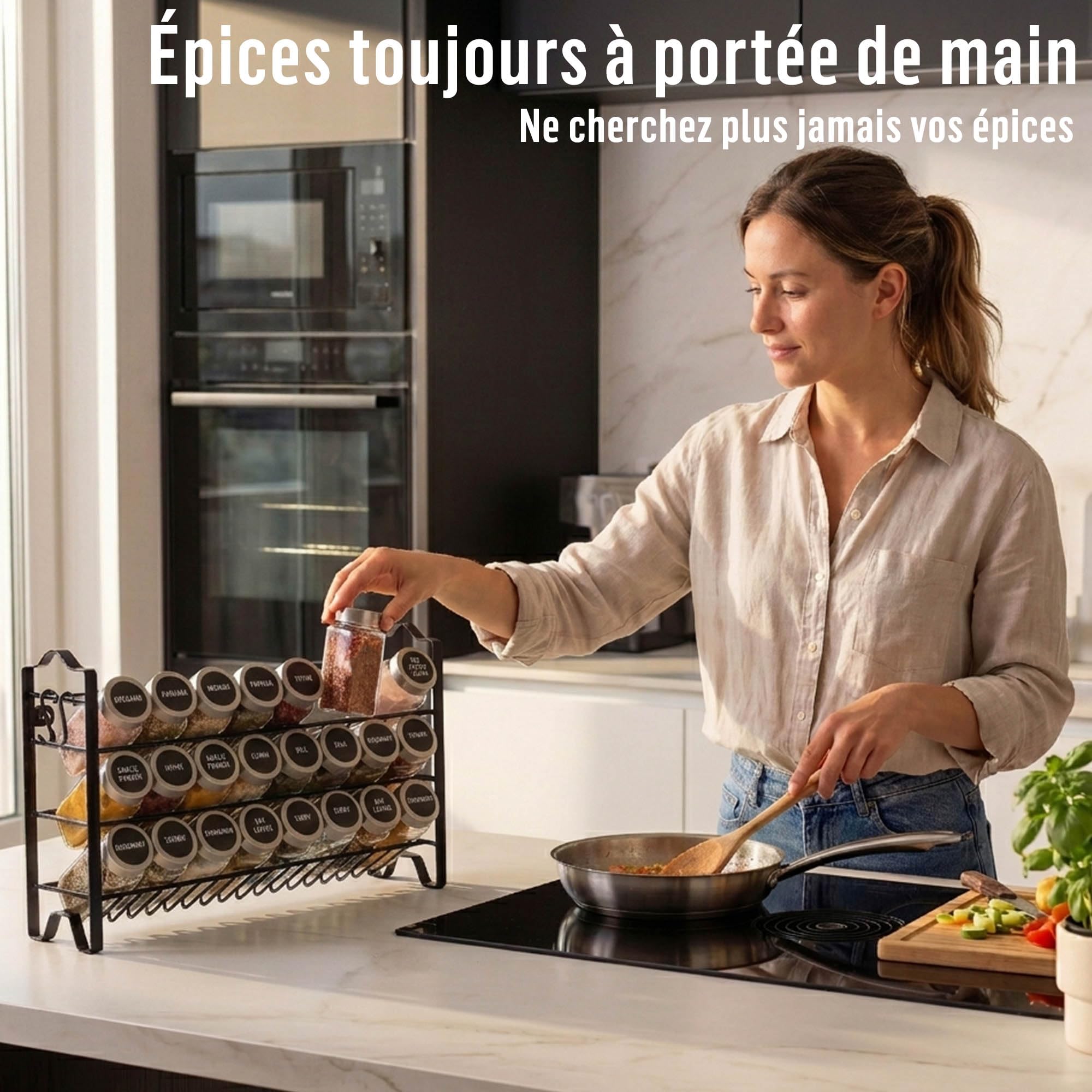 Deco haus® Etagere avec Pot a Epices Lot de 24 Boite avec Étiquettes d'épices Françaises - Rangement Cuisine