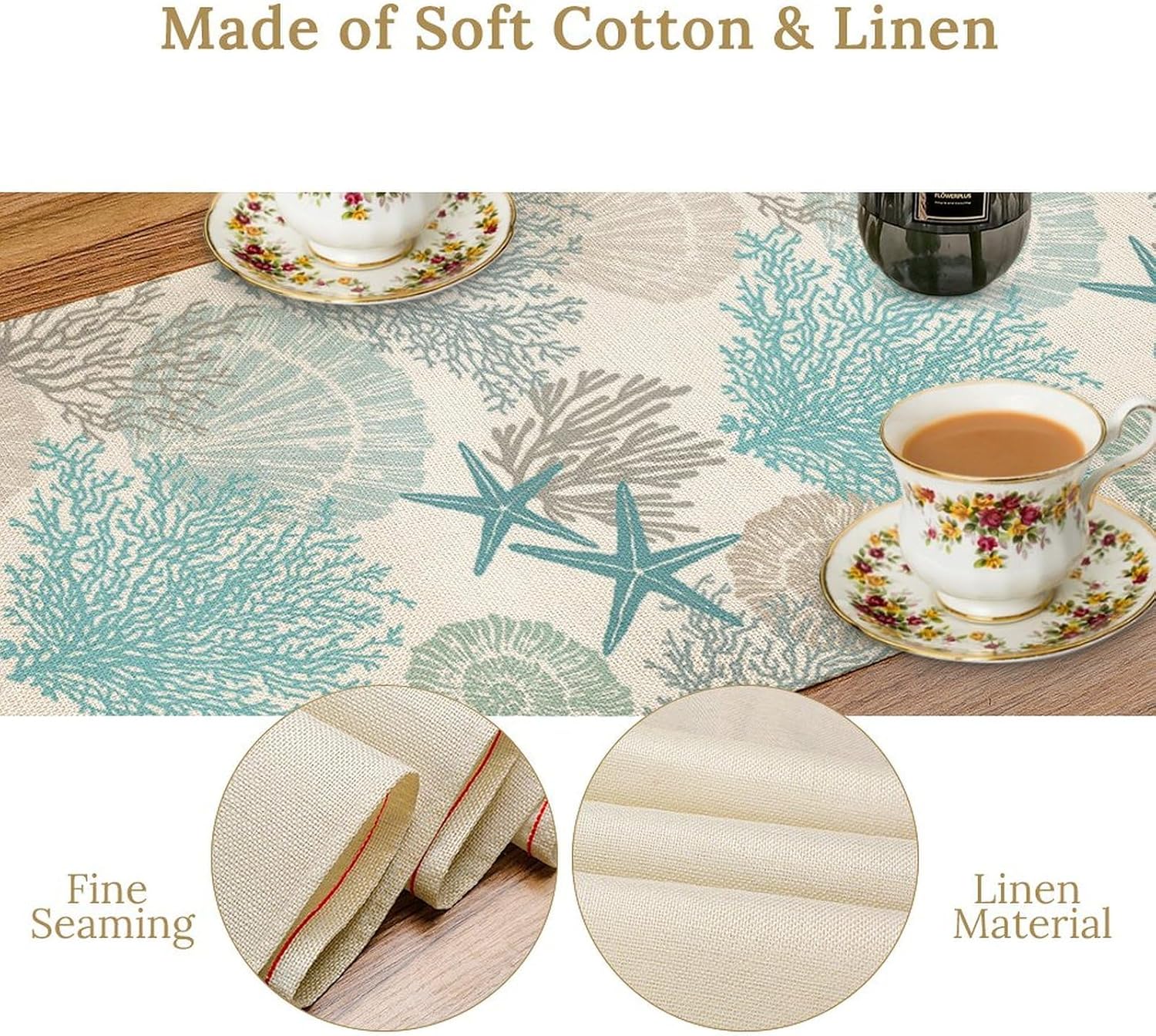 Nautical Coastal Table Runners Ocean Beach Coral Table Runners for Dining Room Starfish Blue Teal Dinner Runner Kitchen Indoor Outdoor Patio Party Decor Fabric 1 Panel W13xL120in