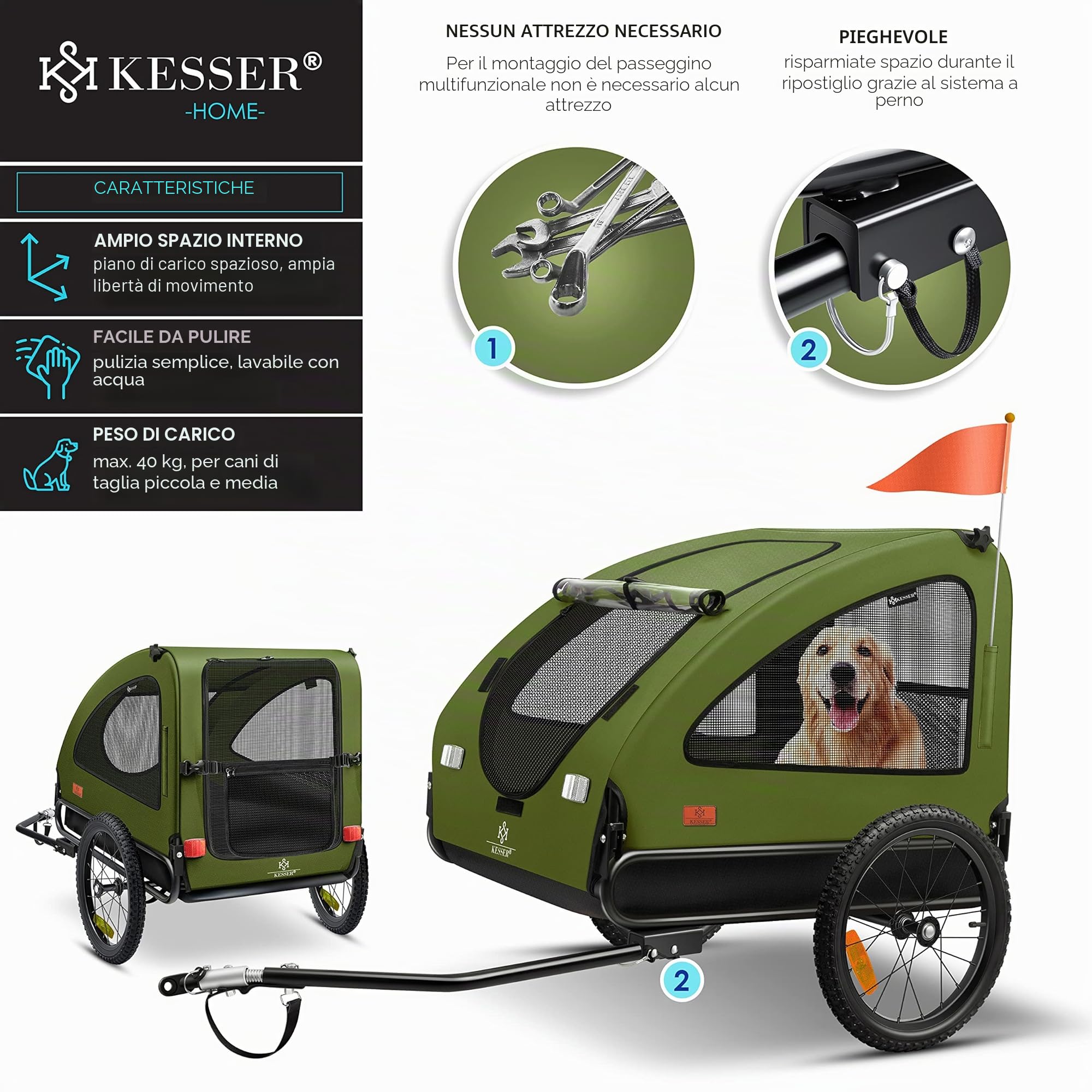 KESSER® Rimorchio per Cani 2in1, Carrello per Bicicletta, 250L circa di Volume, incl. Bandierina e Borsa, Pieghevole, SmartSpace Concept, Massima Capacità di Carico - 45 kg