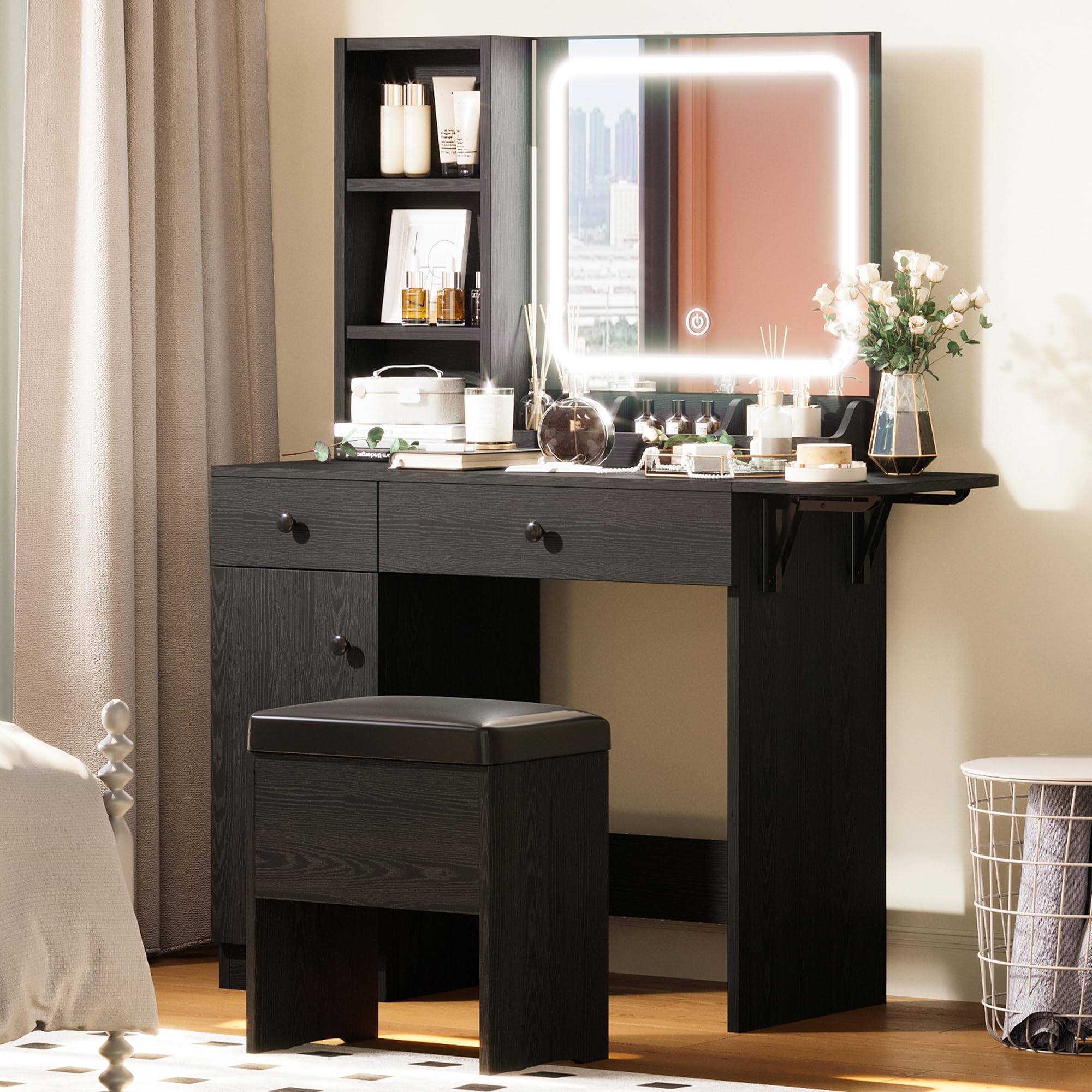 Vanity Desk with LED Lighted Mirror & Power Outlet, Makeup Table with Drawers & Cabinet,Storage Stool,for Bedroom, Black