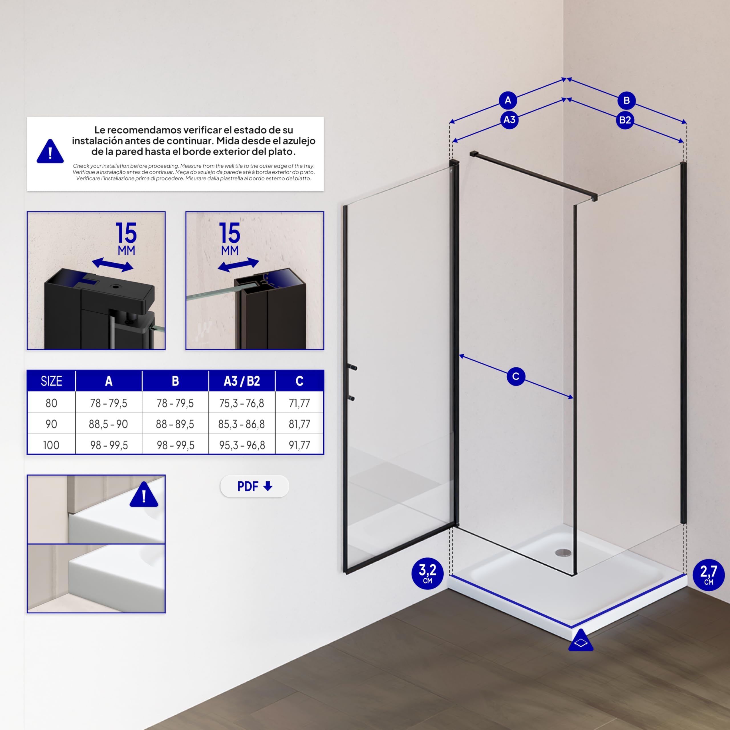 MOG Mampara de ducha DK559 80 x 80 cm Altura 190 cm con entrada de esquina - De vidrio de seguridad nano transparente de 6 mm ESG con perfiles de aluminio negro