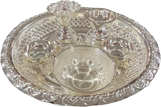 Balaji 925 Sterling Silver Hallmarked 5.5 inch Puja Thali - Set#01