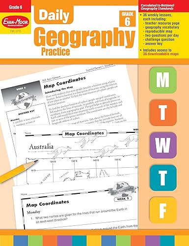 Evan-Moor Daily Geography Practice, Grade 6, Homeschooling and Classroom Resource Workbook, Reproducible Worksheets, Teaching Edition, Downloadable Maps, USA, World, Continents, Oceans, Countries