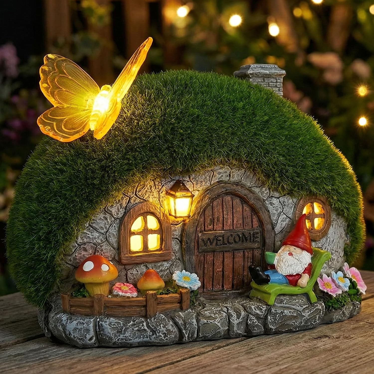 Solar Fairy Garden House Accessories, Outdoor Garden Statues with Butterfly Lights & Gnomes Gardening Gifts for Women, House Sculpture Figurine Outside Garden Decorations for Yard Patio Lawn Decor