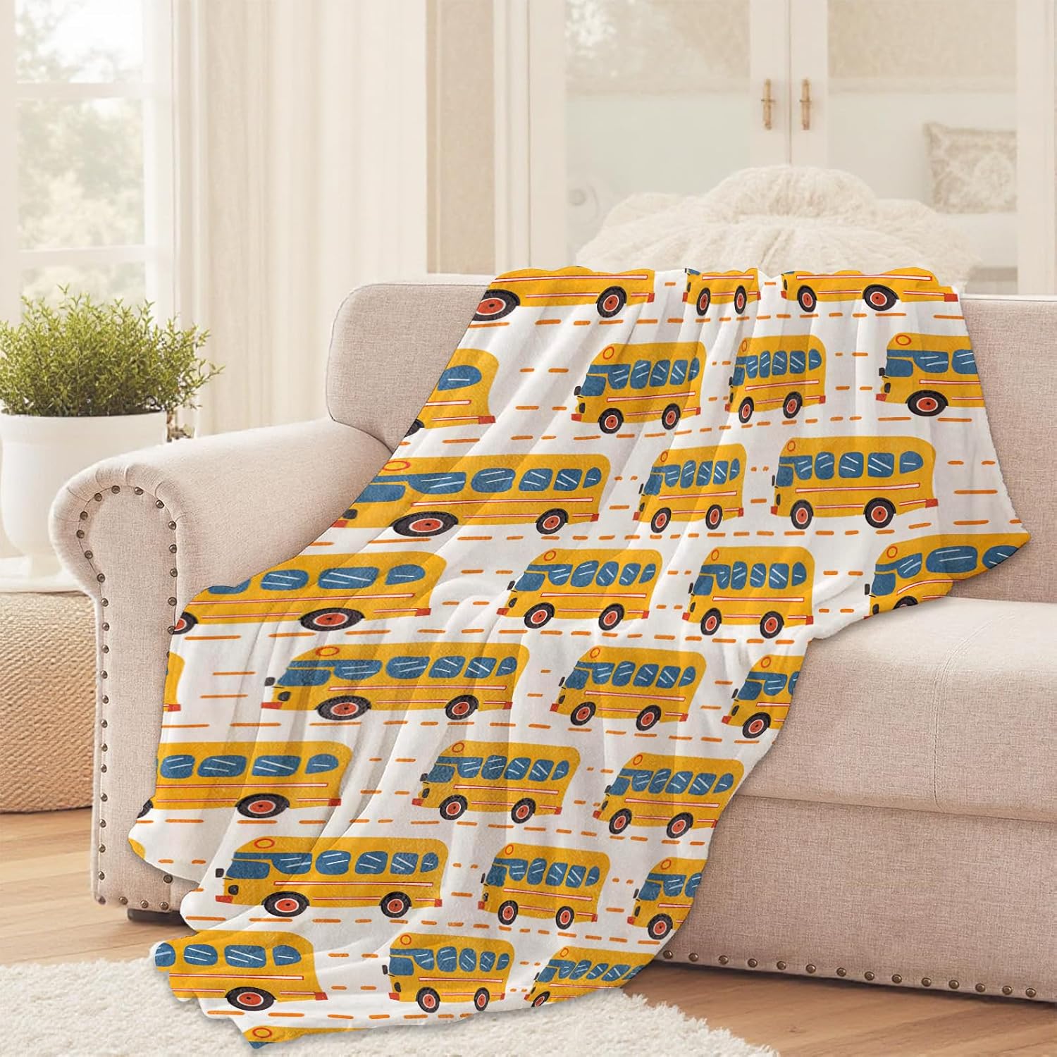 School Bus Throw Blanket for Girls Boys Kids Adults, 50x60 in, Cozy Flannel Blanket for Bedroom, Camping, Couch, Room Decor, Fuzzy Warm Soft Gifts