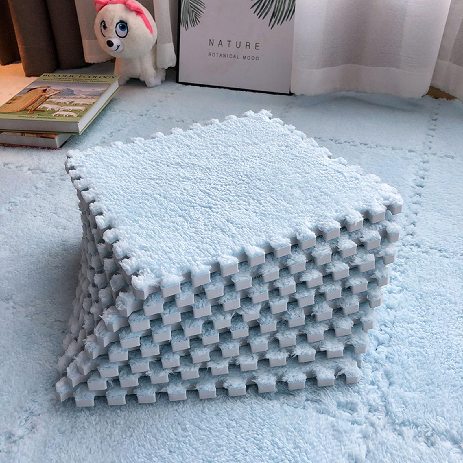 Patchwork Pluszowa mata podłogowa, 20 sztuk piankowych puzzli, miękka i miękka mata, antypoślizgowa mata wspinaczkowa, płytki dywanowe, Jasnoniebieski-One Size