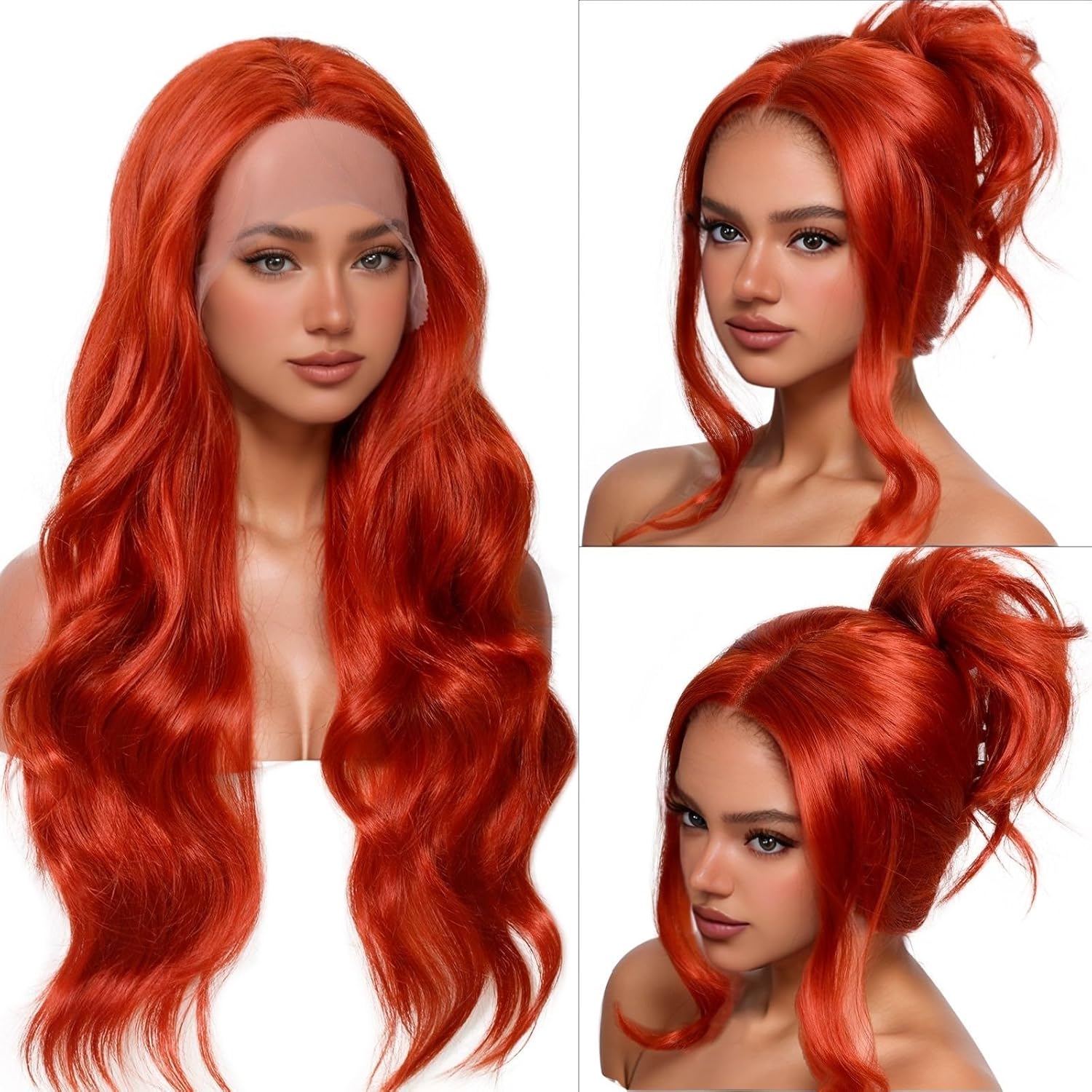 13x4x1 HD Lace Front Ginger Body Wave Wig for Women Middle Part 26 Inch Pumpkin Orange Red Wig Synthetic Wavy Heat Resistant Curly Wig for Cosplay Halloween Daily Use
