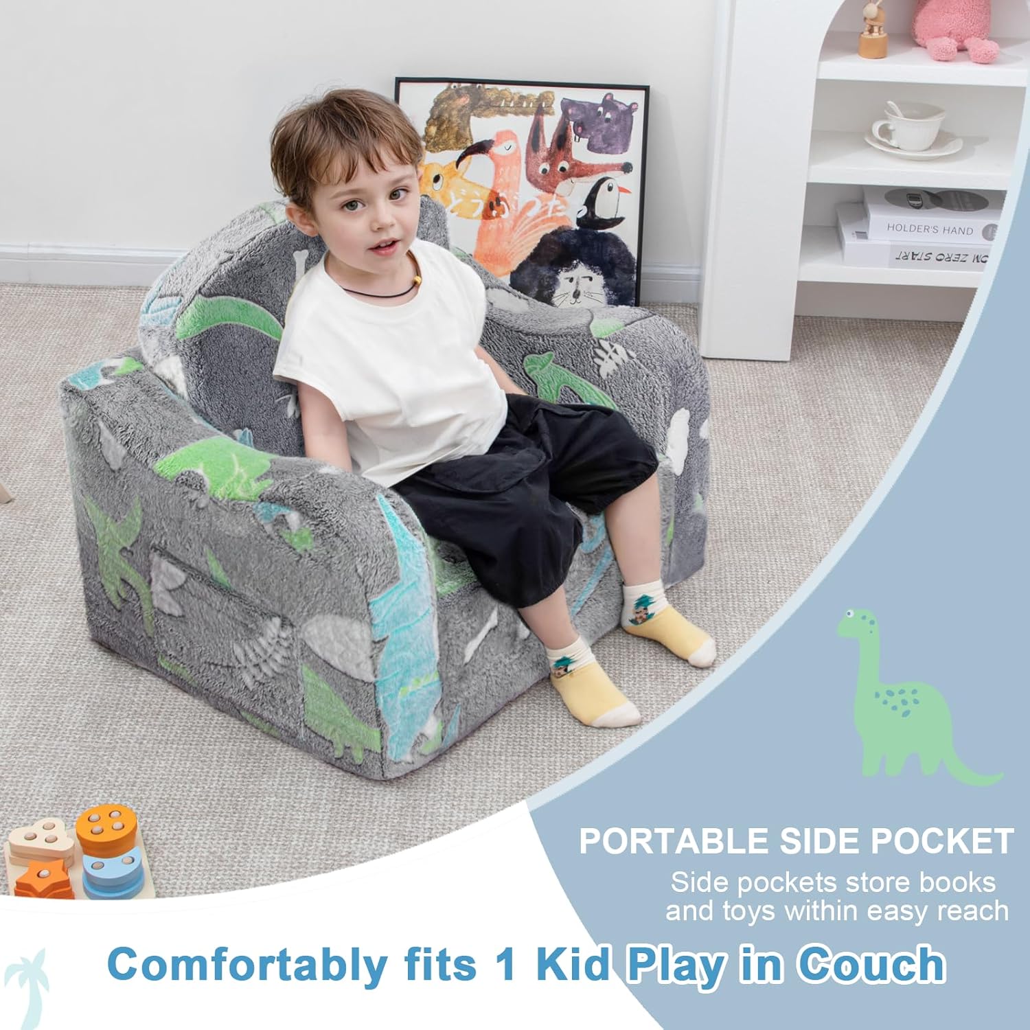 Airpanda Comfy Toddler Chair and Couch for Kids with Blanket,2-in-1 Soft Plush Fold Out Toddler Couch for Girls and Boys,Convertible Sofa to Lounger for Playroom,Gray Dinosaur