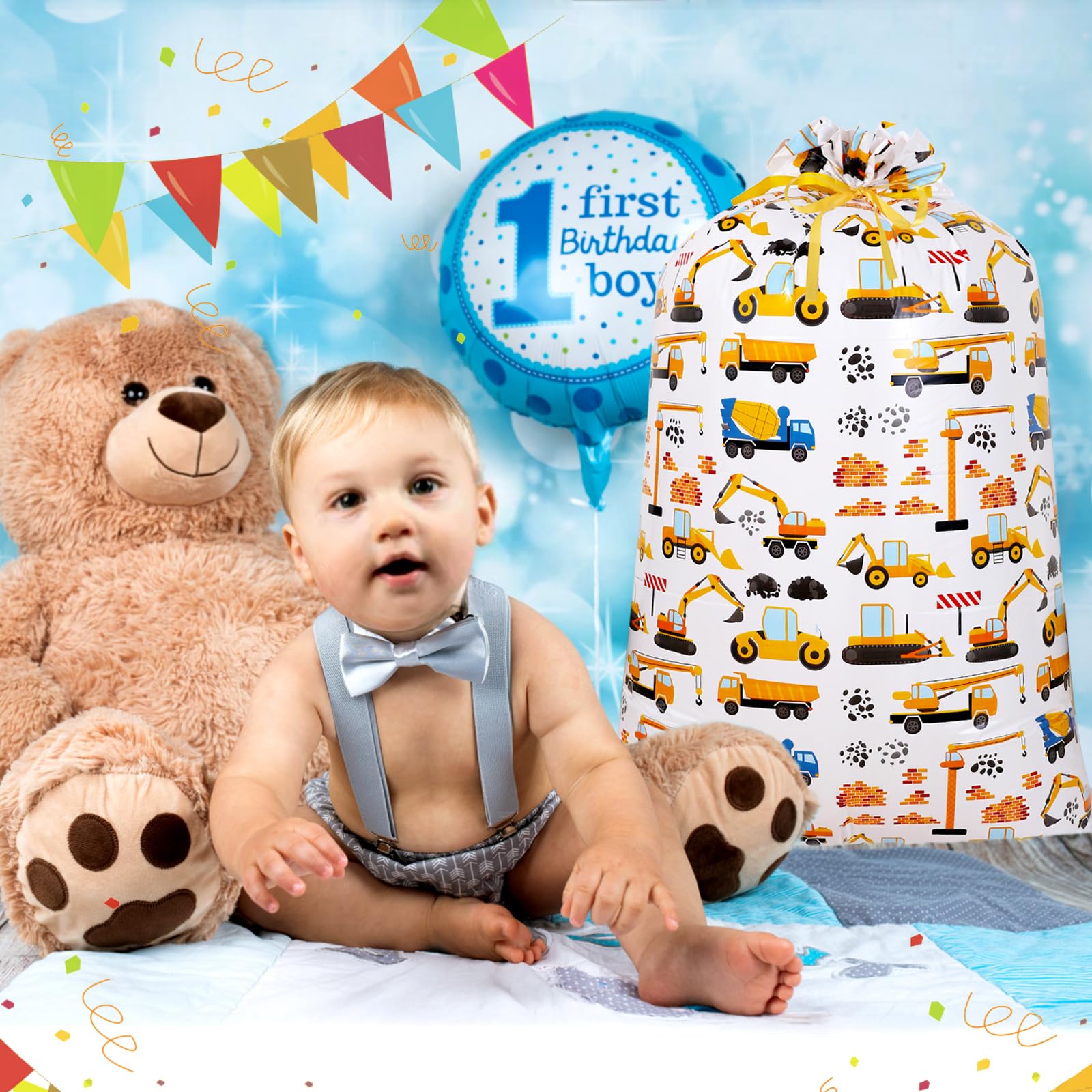 Extra Large Plastic Gift Bag, 56" H x 36" W Jumbo Gift bag Printed Children's Engineering Vehicles Excavator Gift Bag, Specially Set for Birthday Parties and Holidays