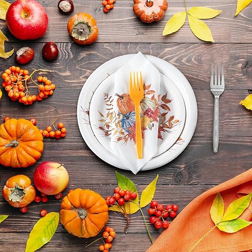 Miniatura 6 de Uiifan Juego de 96 piezas de decoración de fiesta de Acción de Gracias, 48 platos de cosecha de calabaza, 24 servilletas de papel desechables de