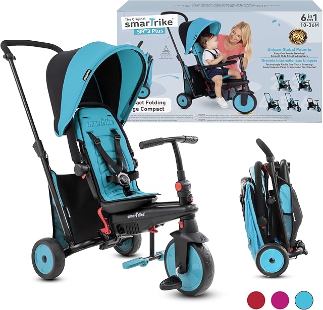 smarTrike STR3 Folding Toddler Tricycle with Stroller Certification for 1,2,3 Year Old - 6 in 1 Multi-Stage Trike, Blue