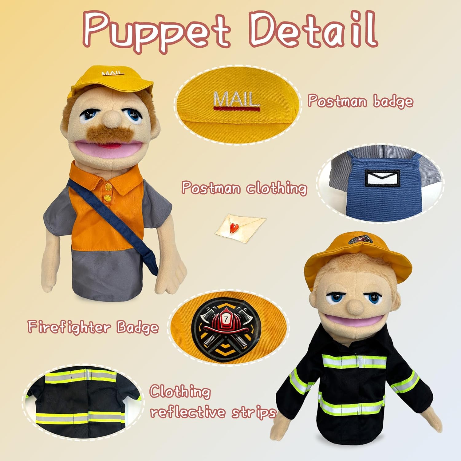Hand Puppets Professional Characters, Fireman and Postman Role-Playing Storytelling Hand Puppet for Kids Age 4-8 Puppets with Movable Mouths and Control levers