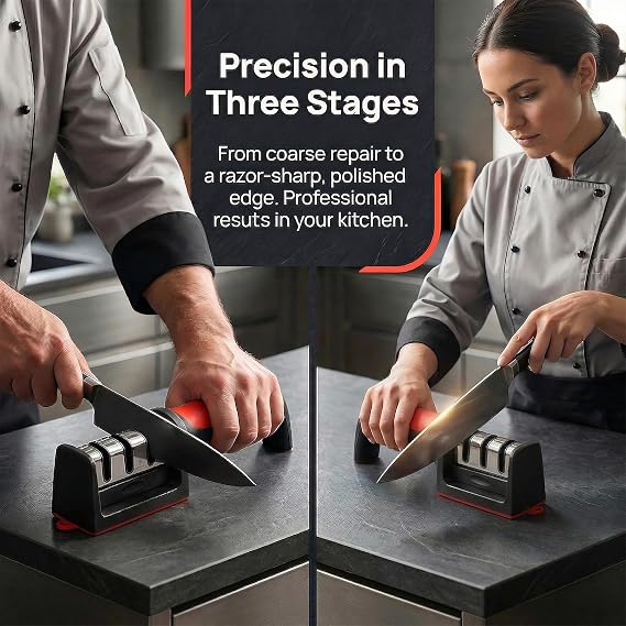 Sharp Knife Sharpener - 3 Stage Professional Kitchen Knife Sharpening Tool for Dull Knives, Scissors, Chef Knives, Non-Slip Base, Ergonomic Handle, Red