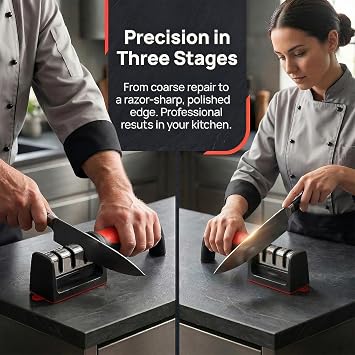 Sharp Knife Sharpener - 3 Stage Professional Kitchen Knife Sharpening Tool for Dull Knives, Scissors, Chef Knives, Non-Slip Base, Ergonomic Handle, Red