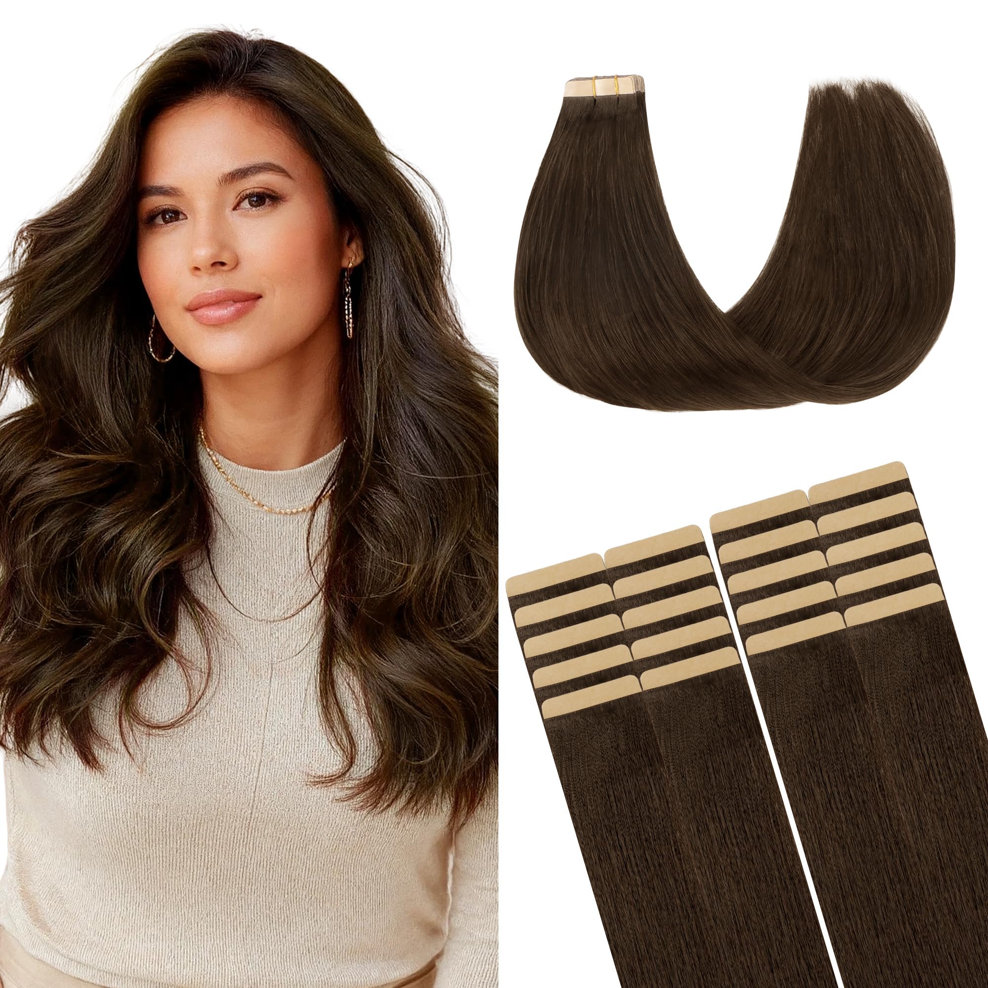 GOO GOO Tape in Hair Extensions Human Hair 20" 20pcs #4A Chocolate Brown | 80g, Remy Human Hair, Strong Hold, Long-lasting, Invisible, Daily Wear