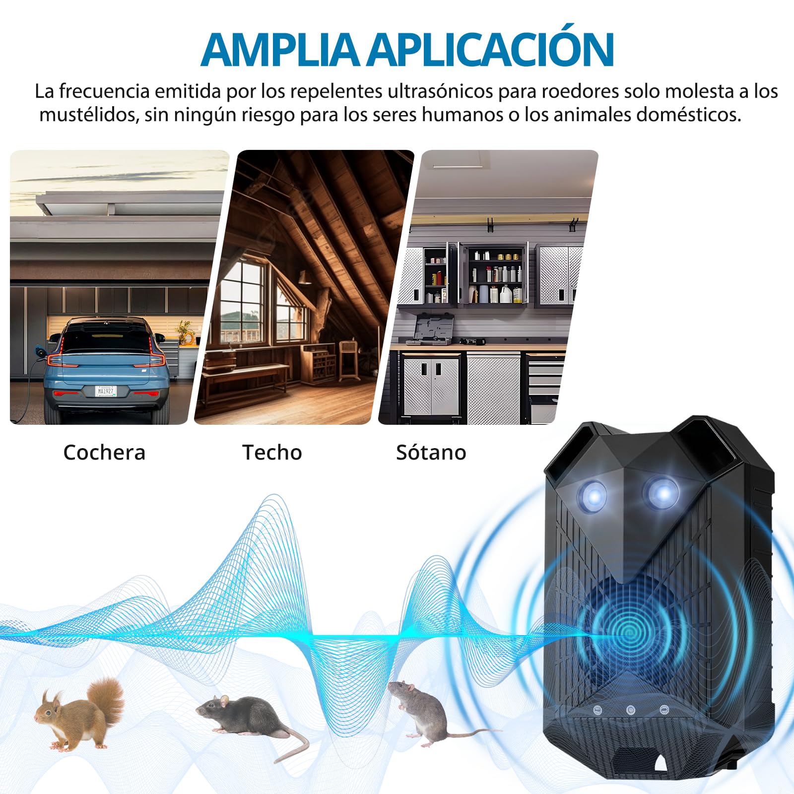 AUTOUTLET Repelente de Ratas Ultrasonico Coche 18-36kHz Ultrasónico Repelente de Martas con Luz LED Intermitente, Alimentar con Baterías AAA, Batería de Coche o USB Start-Stop para Ratones