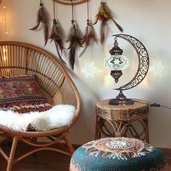 Turkish Tiffany Lamp - Handmade Mosaic Moon Bedside Light, Stained Glass Swanneck Lights, Colored Stained Glass White Flower