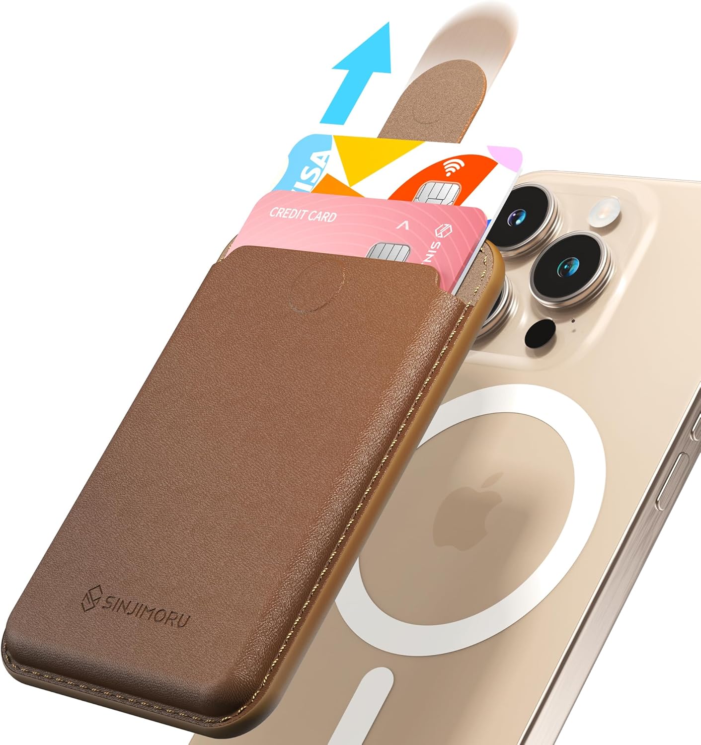Sinjimoru Pull & Eject Magnetic Wallet for iPhone, Vegan Leather Magnetic Card Holder, Compatible with MagSafe Wallet, M-Pull Tab Wallet Brown