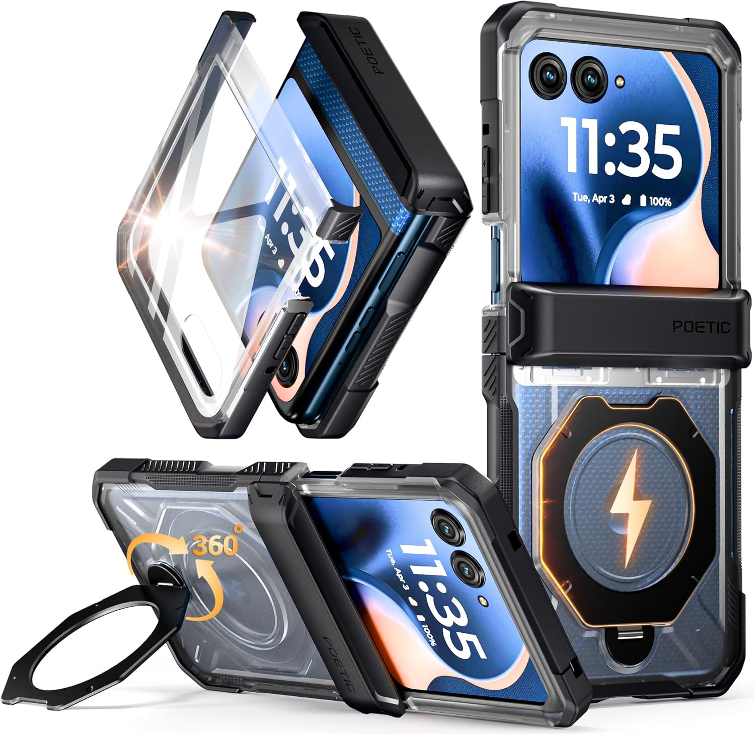 Poetic for Motorola Moto Razr 2025/2024 Case, | Compatible with MagSafe | 360° Rotate Magnetic Ring Kickstand | Full Body Shockproof Protective Cover | Tempered Glass Screen Protector | Black/Clear