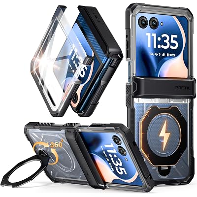 Poetic for Motorola Moto Razr 2026/2025/2024 Case, | Compatible with MagSafe | 360° Rotate Magnetic Ring Kickstand | Full Body Shockproof Protective Cover |Tempered Glass Screen Protector| Black/Clear
