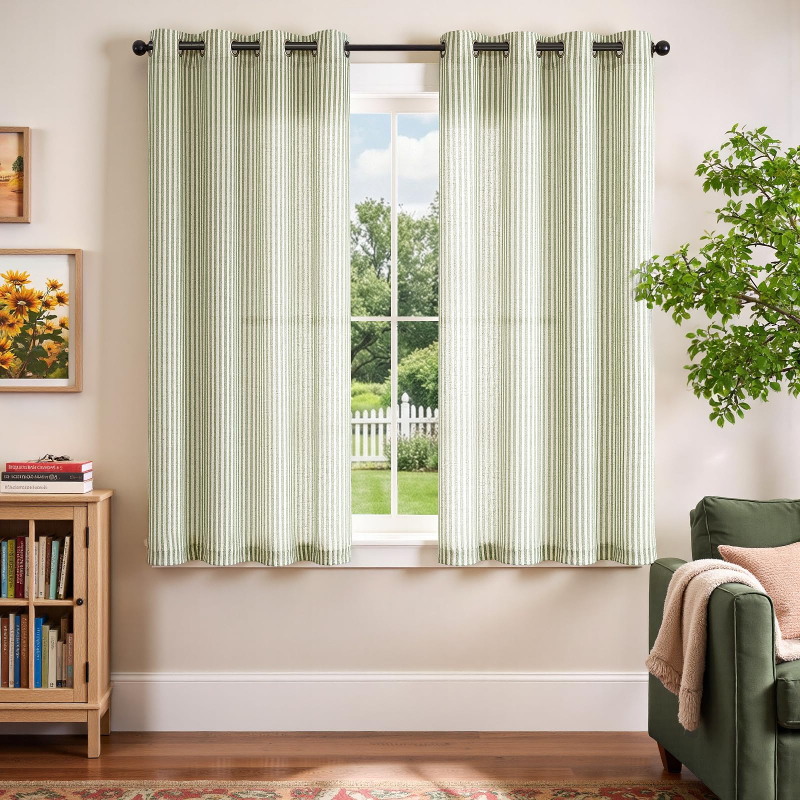 Vangao Lot de 2 Rideaux de fenêtre en Lin à Rayures coutil filtrant la lumière – Rideaux de fenêtre à Rayures Vertes Fines imprimées sur Beige – 160 cm de Long – pour Salon, Chambre à Coucher