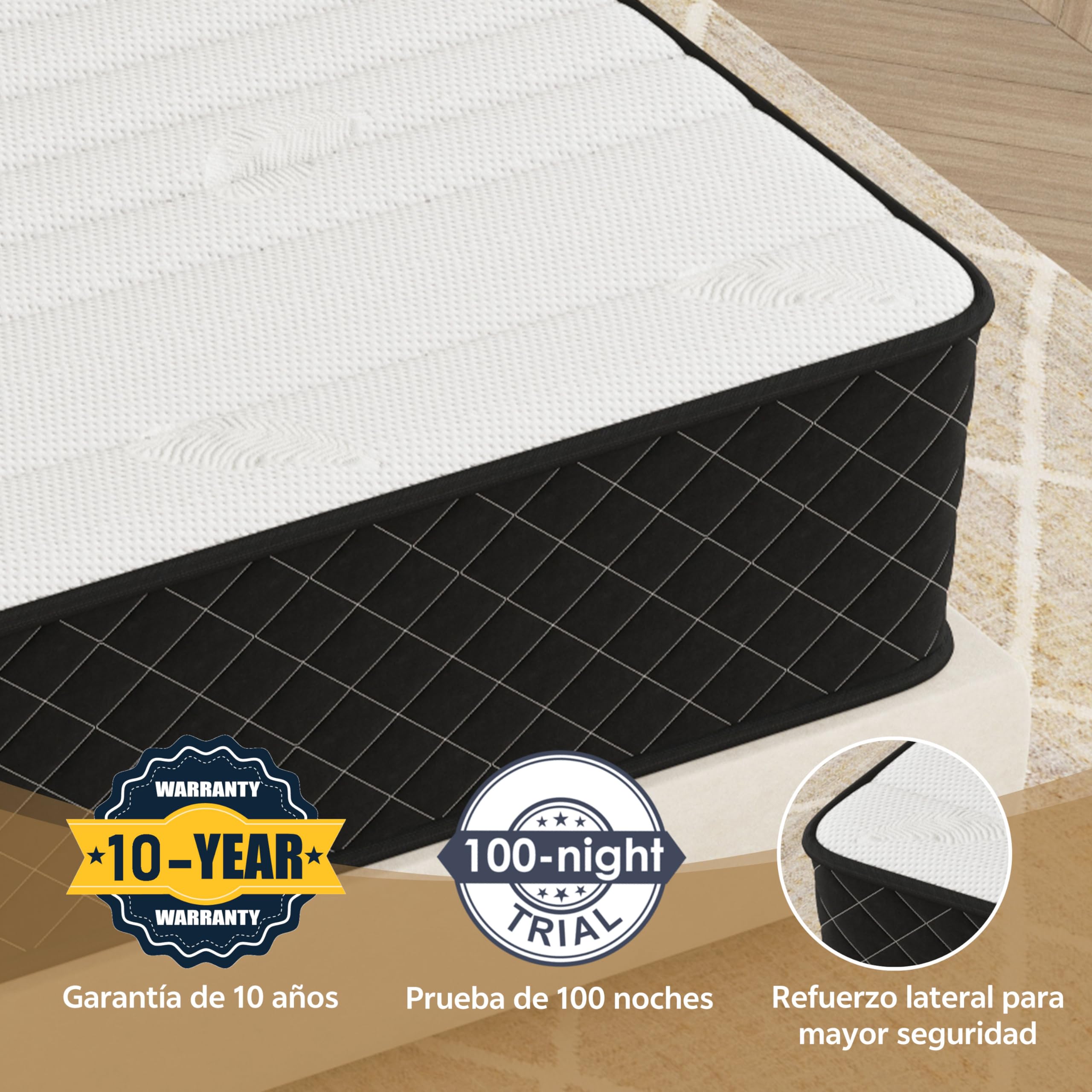 PurrJoys Colchón híbrido 140x200 cm, Altura 25 cm, Muelles ensacados H3 & H4, 7 zonas ergonómicas, transpirable, certificado Oeko-TEX®, para quienes duermen de lado y boca arriba, 100 noches de prueba
