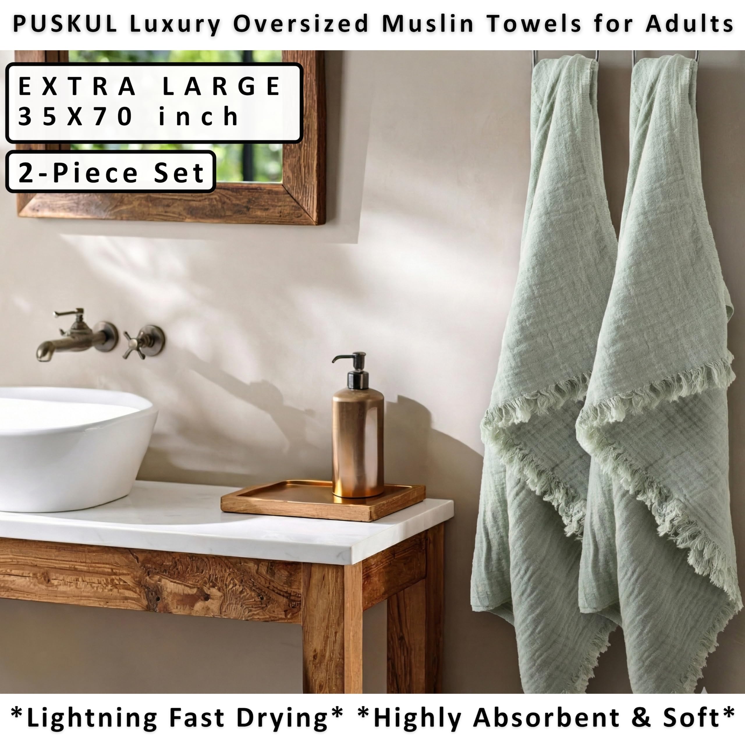 Puskul - Asciugamani da bagno in mussola in mussola, confezione da 2, leggeri e leggeri – oversize 33 x 67, 100% cotone organico turco in mussola per adulti (verde ghiaccio)