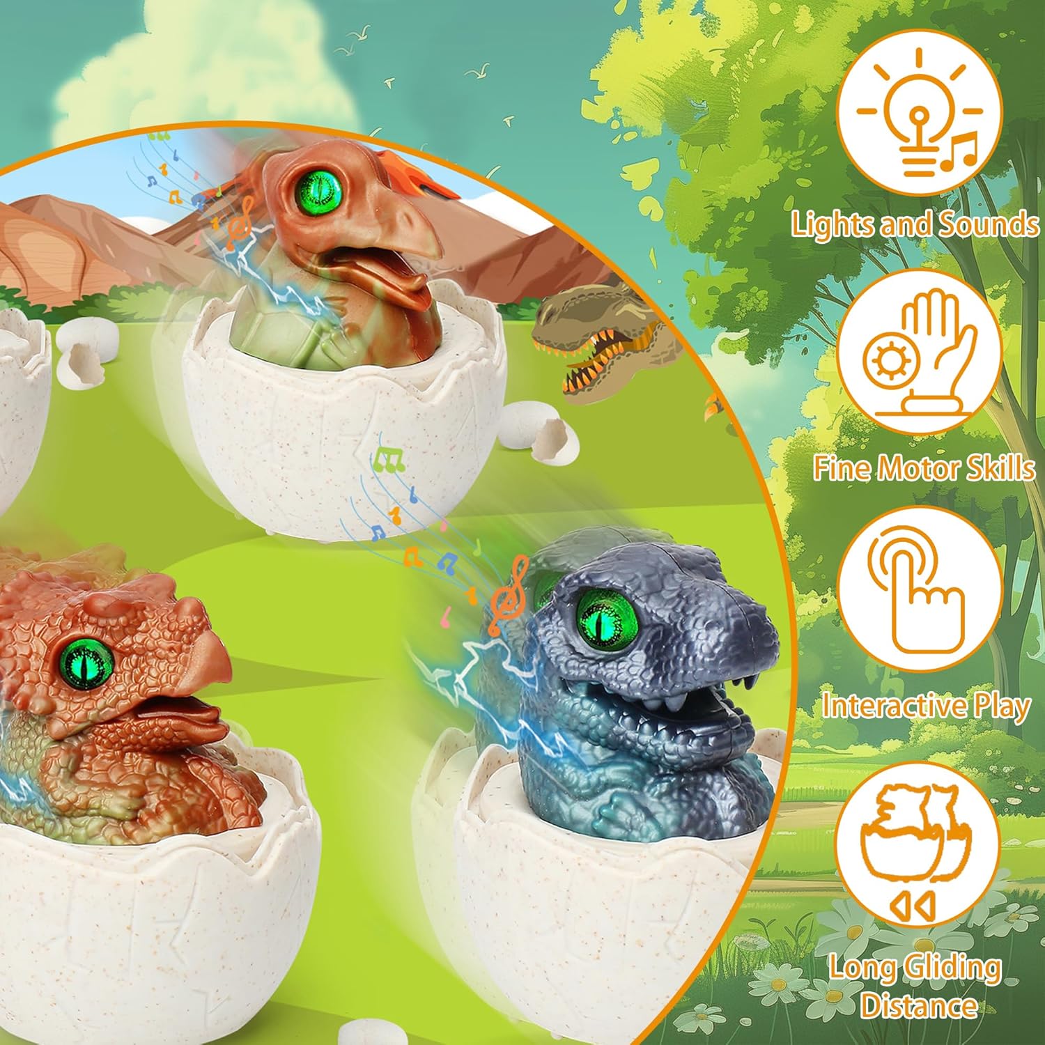 Easter Dinosaur Egg Toys Gifts for Toddlers Kids 3 4 5 6 7 Year Old, 4-Pack Press-and-Go Dino Cars with Sounds & Lights, Perfect for Easter Basket Stuffers, Egg Hunts, and Birthday Party Favors