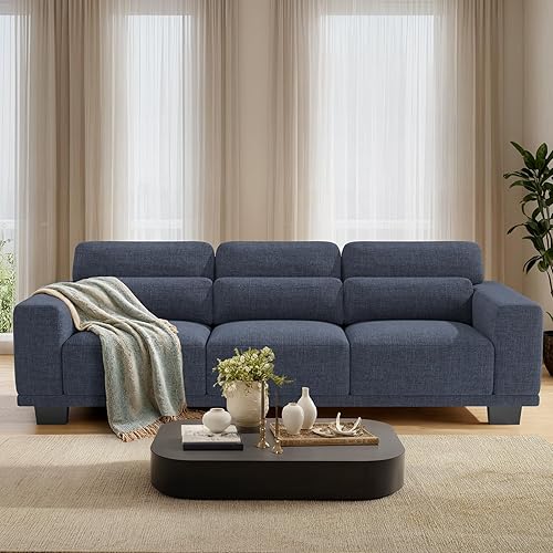 Pipishell 89" Modern 3 Seater Sofa Couch, Deep Seat Upholstered Couch with Removable Washable Cover, Wide Armrests Futon for Living Room, Linen Fabric, Blue