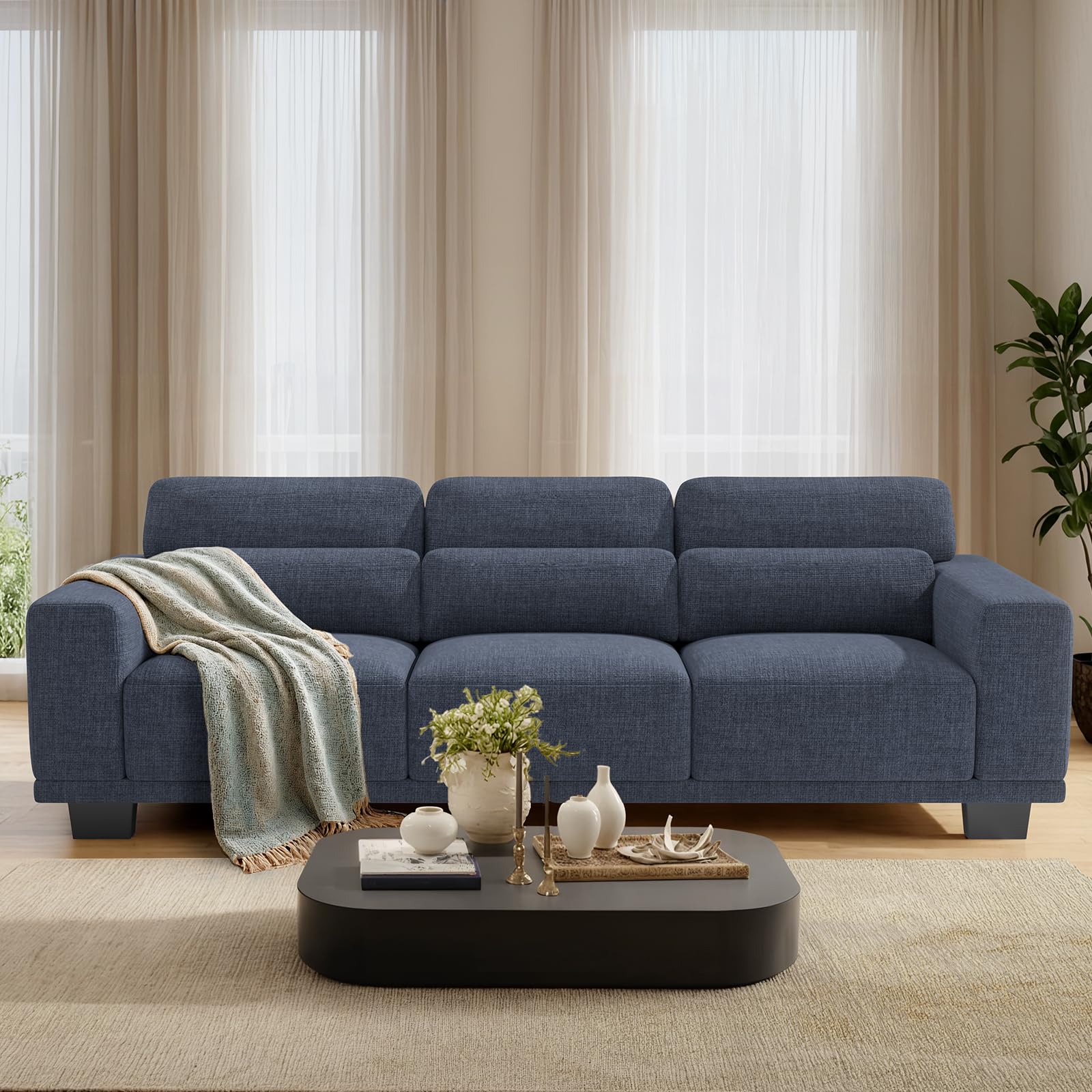 (Incomplete) Pipishell 3 Seater Sofa Couch with Deep Seats, 89" Modern Linen Sofa with Wide Armrests, Comfy Couches for Living Room, Bedroom, Apartment and Office,Blue