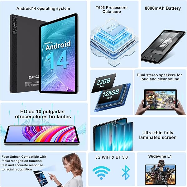 DMOAO Tablet Android 14 con 22GB RAM+128GB ROM(1TB TF, Tablet 10 Pollici con Widevine L1, Octa-Core 2.0GHZ, 5G Wi-Fi, GPS, 8000mAh, 8MP+5MP, Bluetooth 5.0, USB-C, Tastiera, Marrone - 2