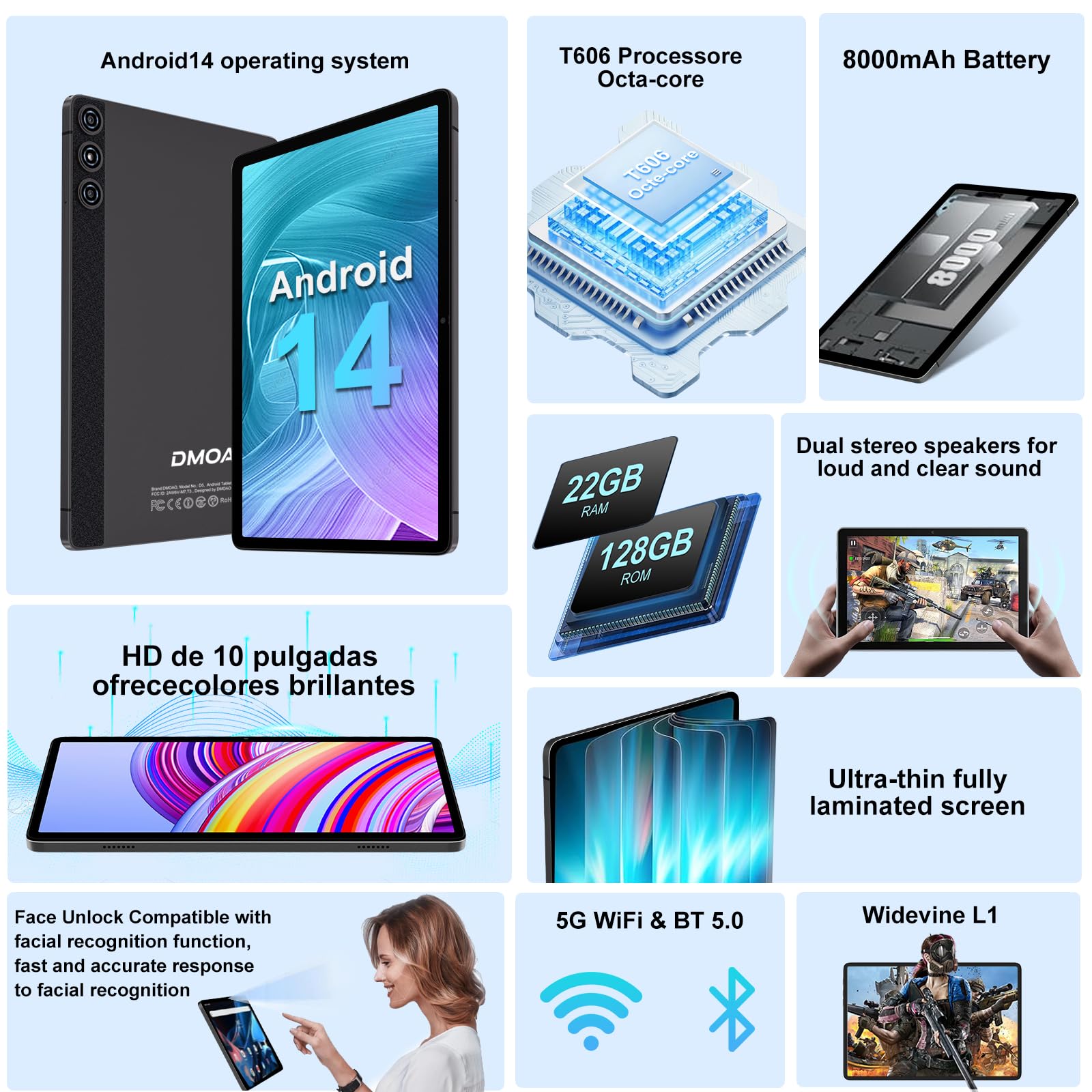 DMOAO Tablet Android 14 con 22GB RAM+128GB ROM(1TB TF, Tablet 10 Pollici con Widevine L1, Octa-Core 2.0GHZ, 5G Wi-Fi, GPS, 8000mAh, 8MP+5MP, Bluetooth 5.0, USB-C,Tastiera, Marrone
