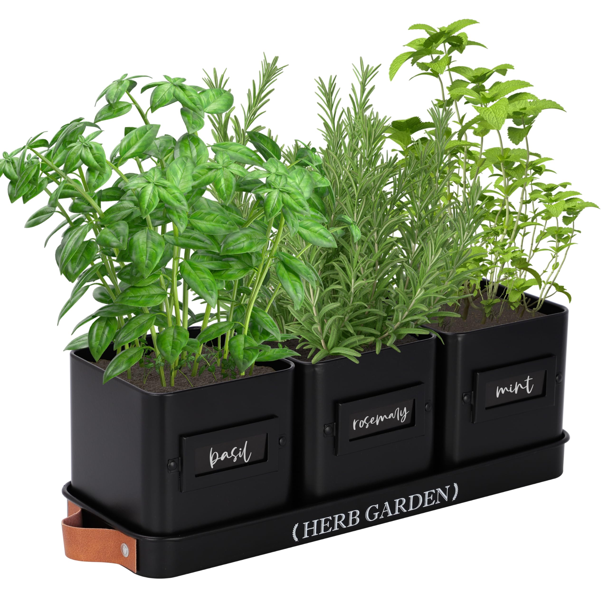 PERFNIQUE - Planter Set with Tray for Indoor Herb Garden, Farmhouse Style, Herb Garden with Drainage (Pot Only) for Indoor Outdoor Window, Matte Black — image 1
