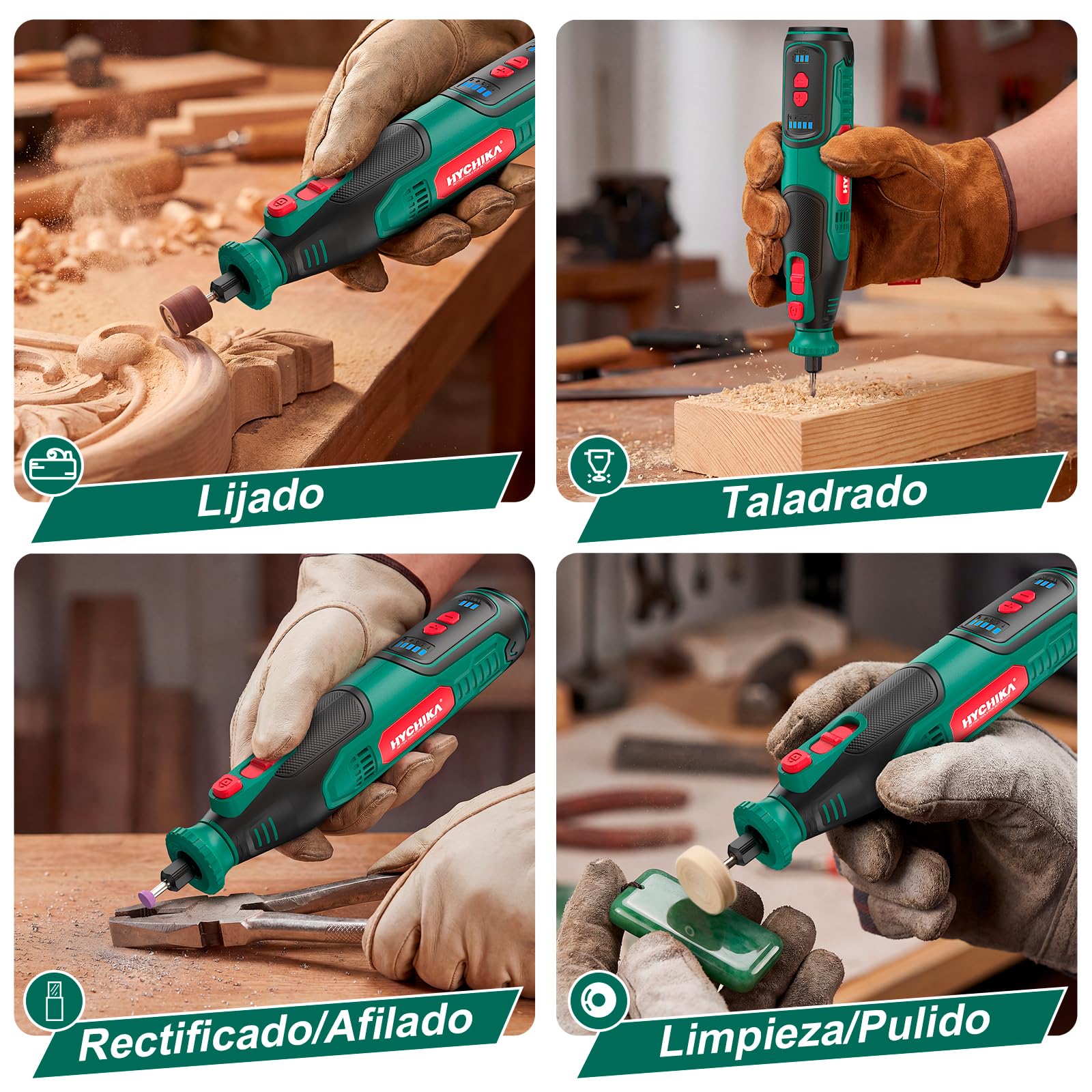 HYCHIKA Herramienta rotativa inalámbrica 8V 2,0Ah batería más grande, 5 velocidades max 30000 RPM, kit 145 accesorios con afilador de cadenas y luz LED, para lijado, pulido, corte, taladrado, grabado
