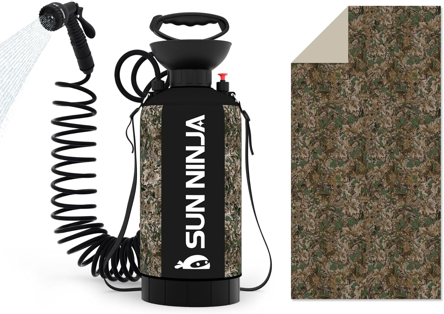 SUN NINJA Portable Shower Bundle with Microfiber Beach Towel, 7-Mode Multi-Spray Shower Head, Neoprene Cover Keeps Water Warm, Quick-Drying, Sand-Free, Lightweight, Compact - Outdoor Cleaning Kit