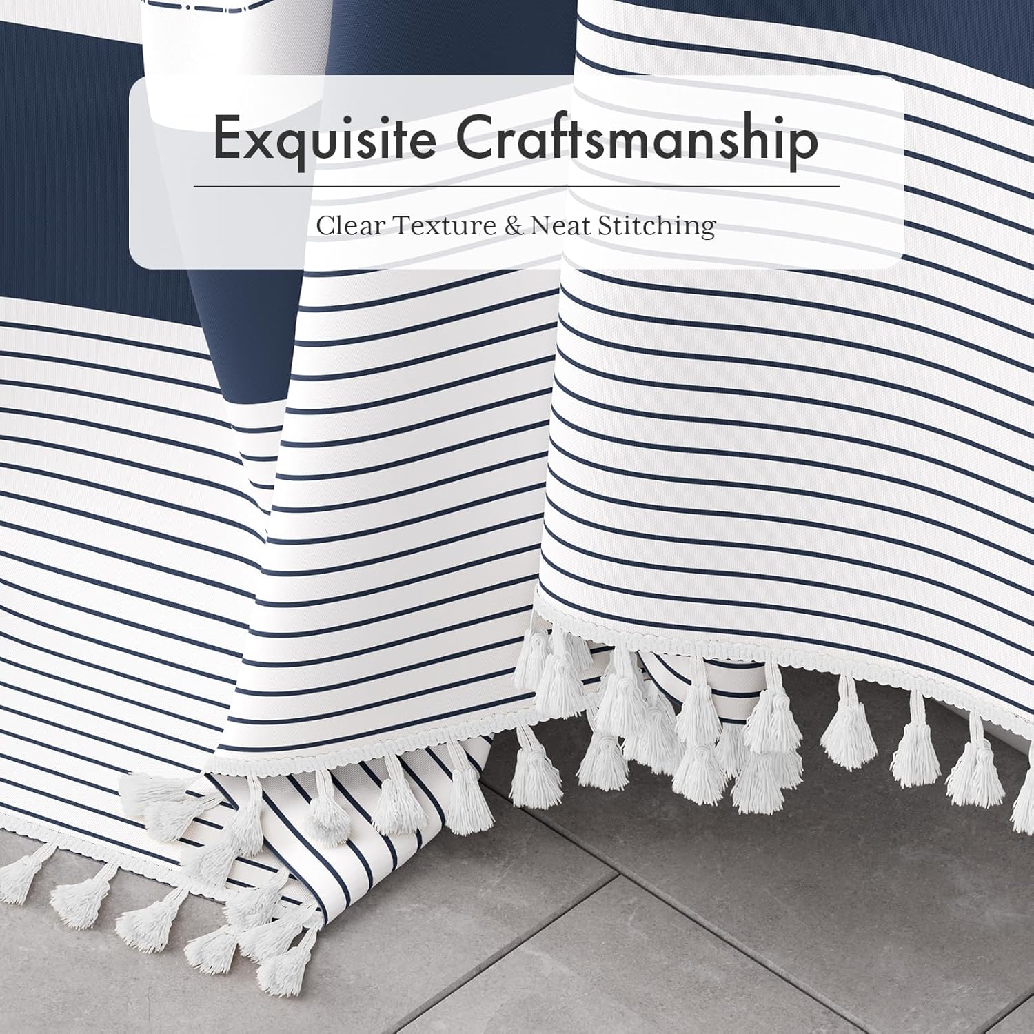 AmazerBath Boho Shower Curtain Set, Rustic Faux Linen Navy Blue Striped Shower Curtain with Hooks, Modern Farmhouse Shower Curtain with Tassels, White Base Toned, 72x72 Inches