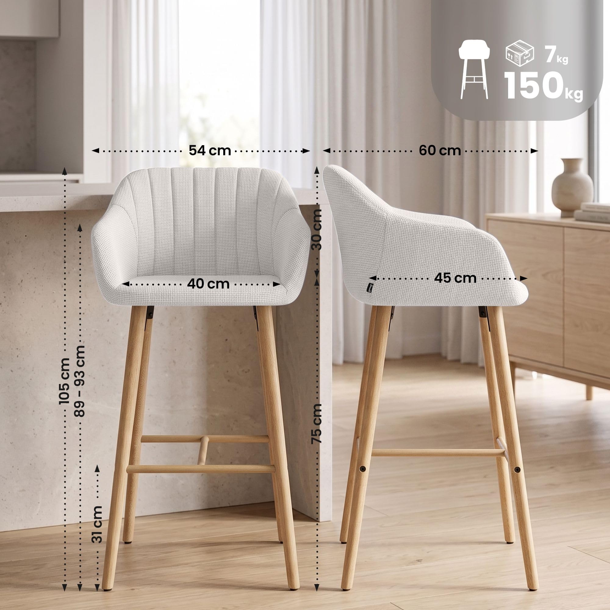 CLP Taburete de Bar Ando con Respaldo, Asiento tapizado, Estructura de Madera Resistente, soporta hasta 150 kg Color:Beige