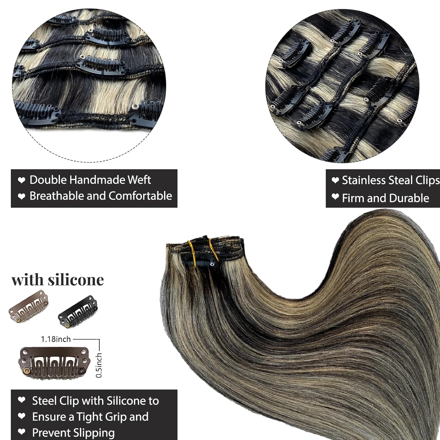 Belaved Clip in Hair Extensions Human Hair Balayage Black Mix Blonde 12 Inch 70g 5Pcs Real Human Hair Extensions Clip in Seamless Remy Clip ins