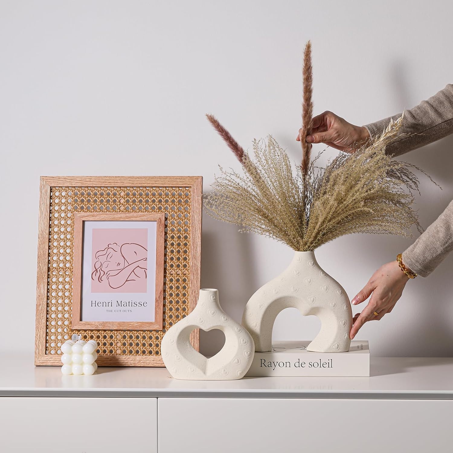 Zormon White Ceramic Vases Set of 2, Modern Boho Minimalist Decorative Flower Vase for Living Room, Bedroom, Coffee Table, Office, Centerpiece Gift for Women & Moms