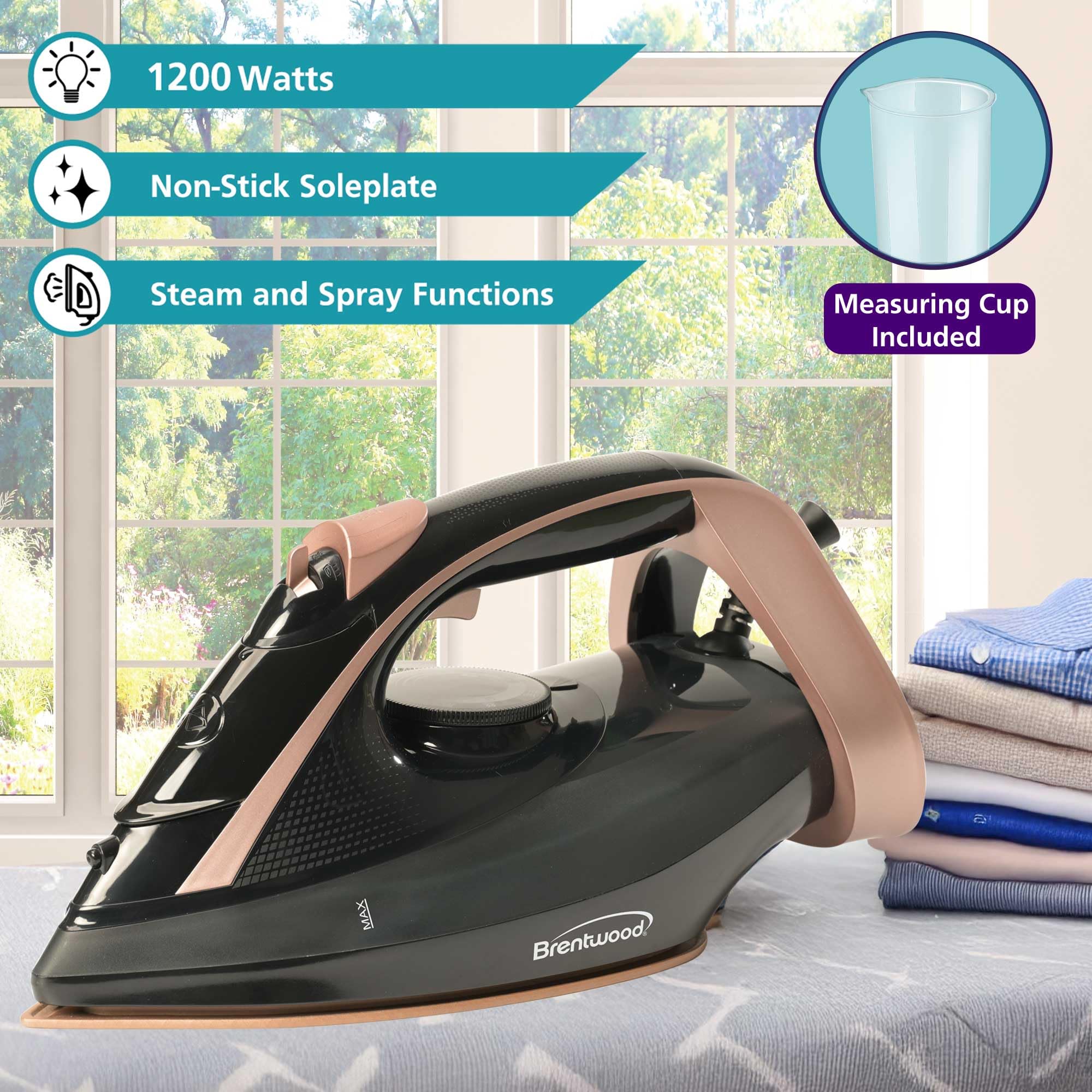 Brentwood MPI-69BKRG Non-Stick Steam Iron with Temperature Dial, Spray, Self-Cleaning Functions, and Extra Long 8ft Cord, Black, Rose Gold