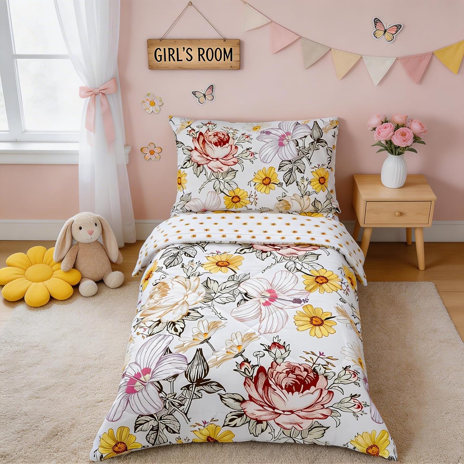 Toddler Bedding Set for Girls, 4 Piece Toddler Comforter Bed Sets, Ultra Soft Breathable Vintage Crib Bedding Set for girls with Flat Top Sheet, Quilted Comforter, Fitted Sheet and Pillowcases, Floral