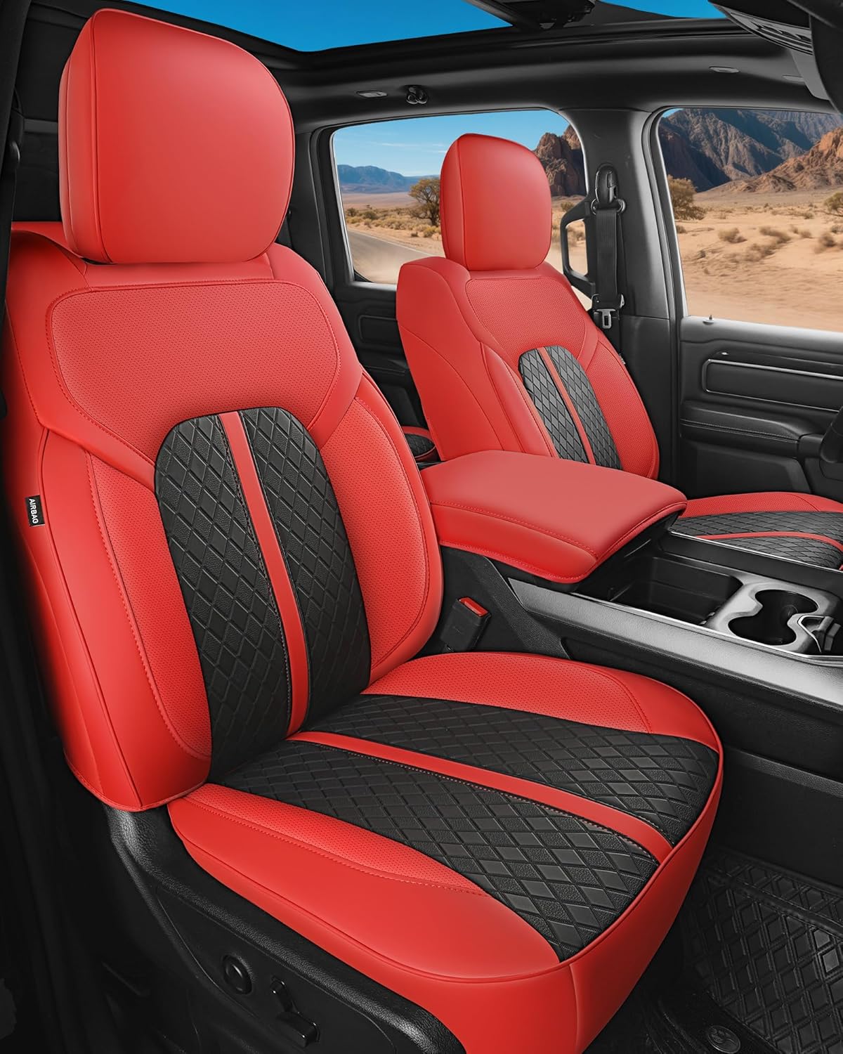 for Dodge Ram Leather Seat Covers, 2019-2026 Crew Cab 1500 Big Horn Rebel Lone Star, Custom Truck Seat Cover Full Set, Pickup Protector Accessories, Red Black (40/60 Split Flat Bench)