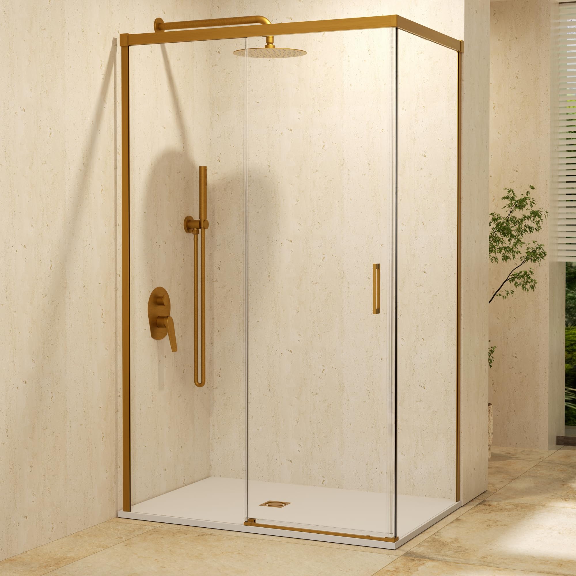IMEX - Mampara Ducha 2 Fijas + 1 Corredera 100x70cm Oro Cepillado | Mampara Angular con Cristal Reversible y Perfilería de Aluminio con 195cm de Altura | Vidrio con Grosor 6mm y Cierre Magnético
