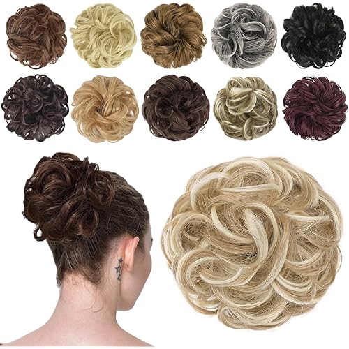 FESHFEN Messy Bun Hair Piece - Wavy Synthetic Chignon Scrunchies for Instant Volume, Elastic Bun Ponytail Hair Extensions Thick Hairpieces for Women, Dirty Blonde 1.50 oz
