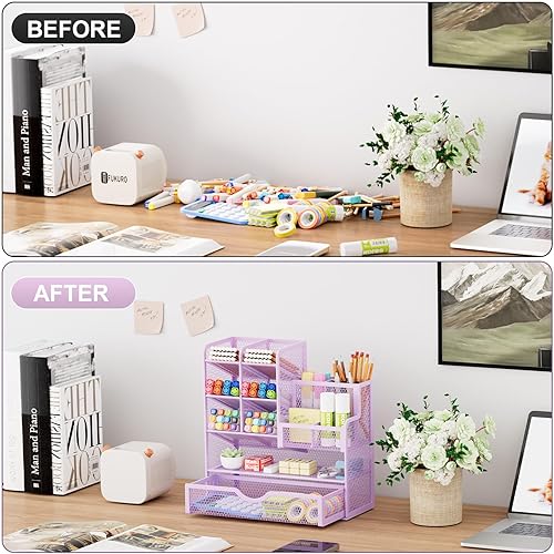 Miniatura 9 de Marbrasse Soporte de malla para bolígrafo, organizador de lápices multifuncional con cajón, organizadores de escritorio y accesorios para