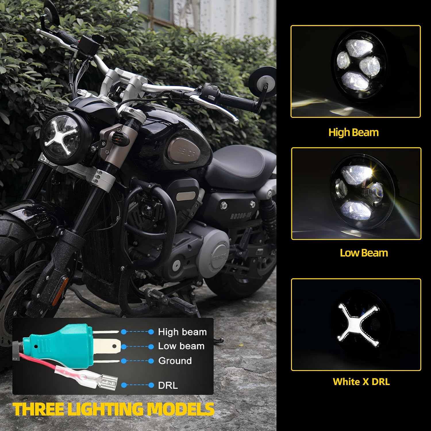 5-3/4 5.75 Inch LED Motorcycle Headlight Assembly with White DRL Hi/Lo Beam for Harley Davidson Sportster Dyna Street Bob Low Rider Super Wide Glide 1200 48 Softail Fit 32-40mm Fork Tube