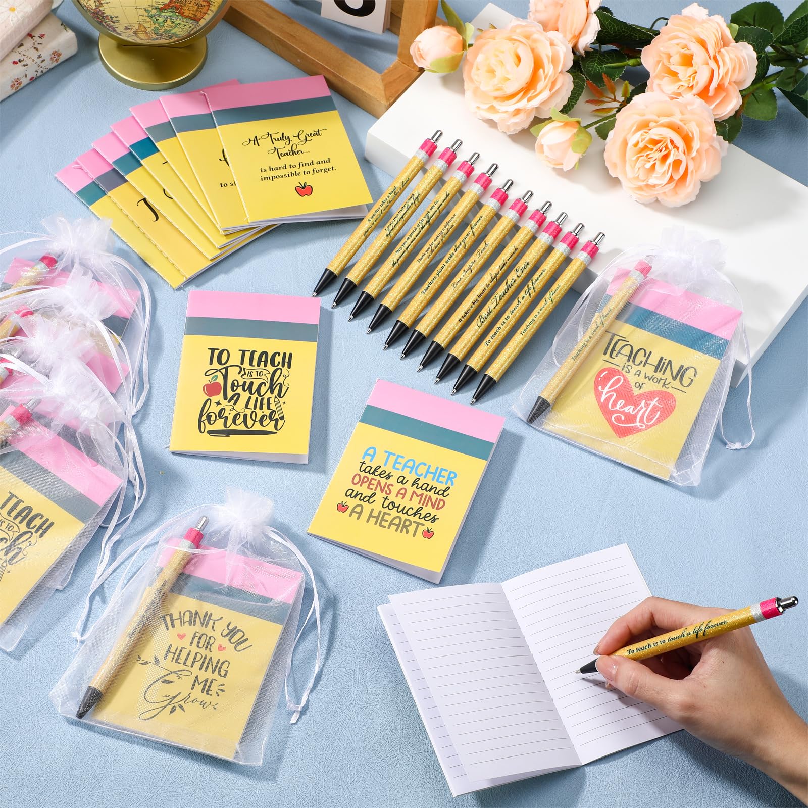 ReliThick 50 juegos de regalos para el regreso a clases para profesores, bolígrafos, mini cuadernos, regalos de agradecimiento para profesores, motivacionales, inspiradores, pequeños diarios con