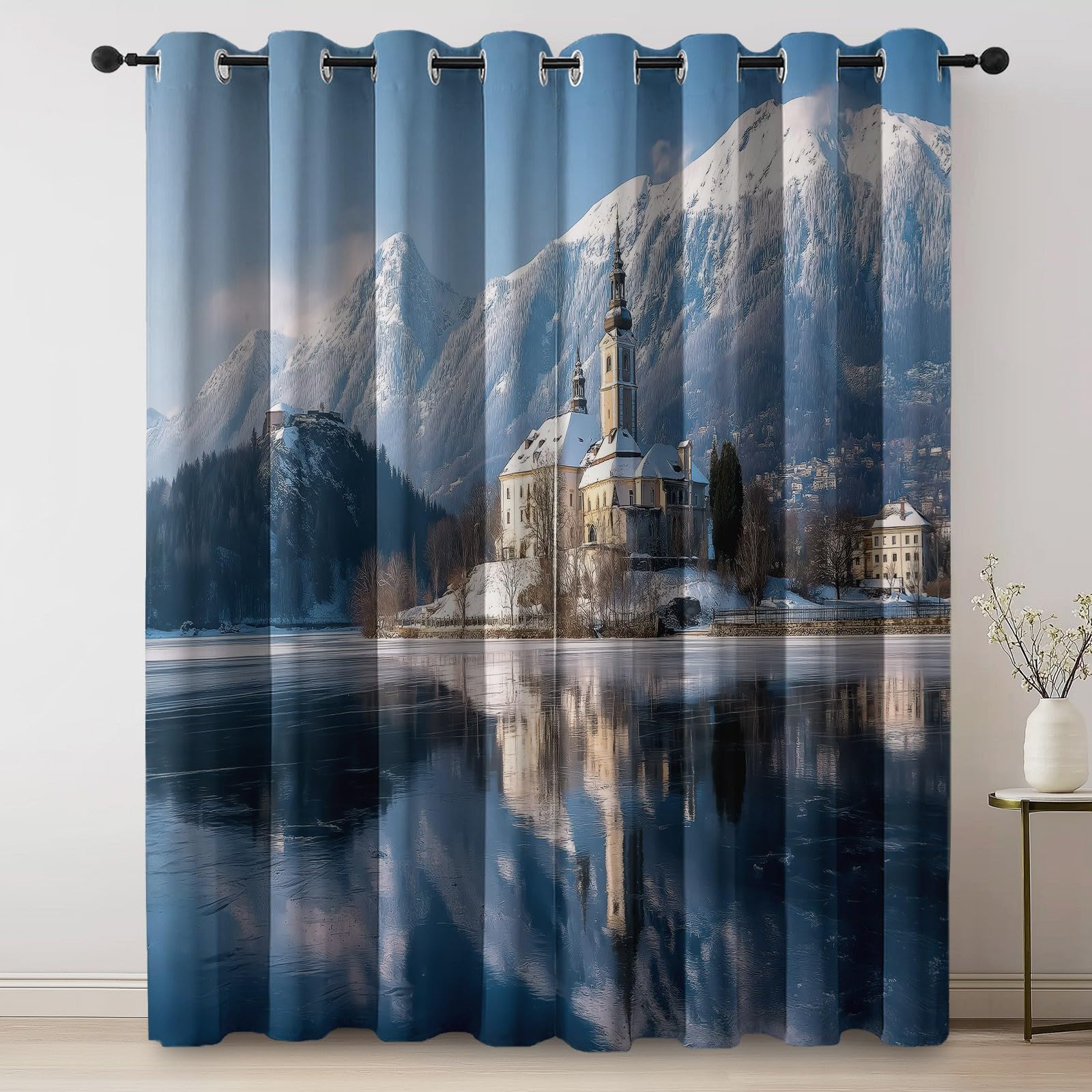 Generisch Gardinen Vorhänge Blickdicht Blau - Hochwertiger Kunst Skifahren Schlösser Print H245 x B70 cm (2er Pack) Schalvorhänge mit Stangentasche für gehobenes Wohnambiente